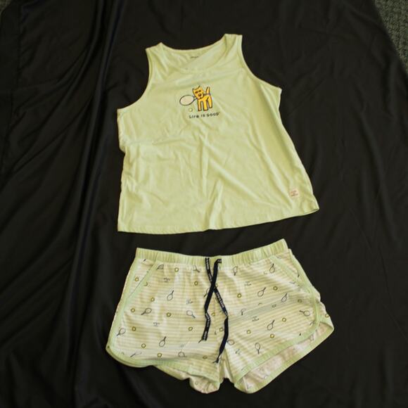 Life is Good Sleep Pajama Set Women's M Green Tank Top Shorts Tennis Dog Cute - Picture 1 of 7